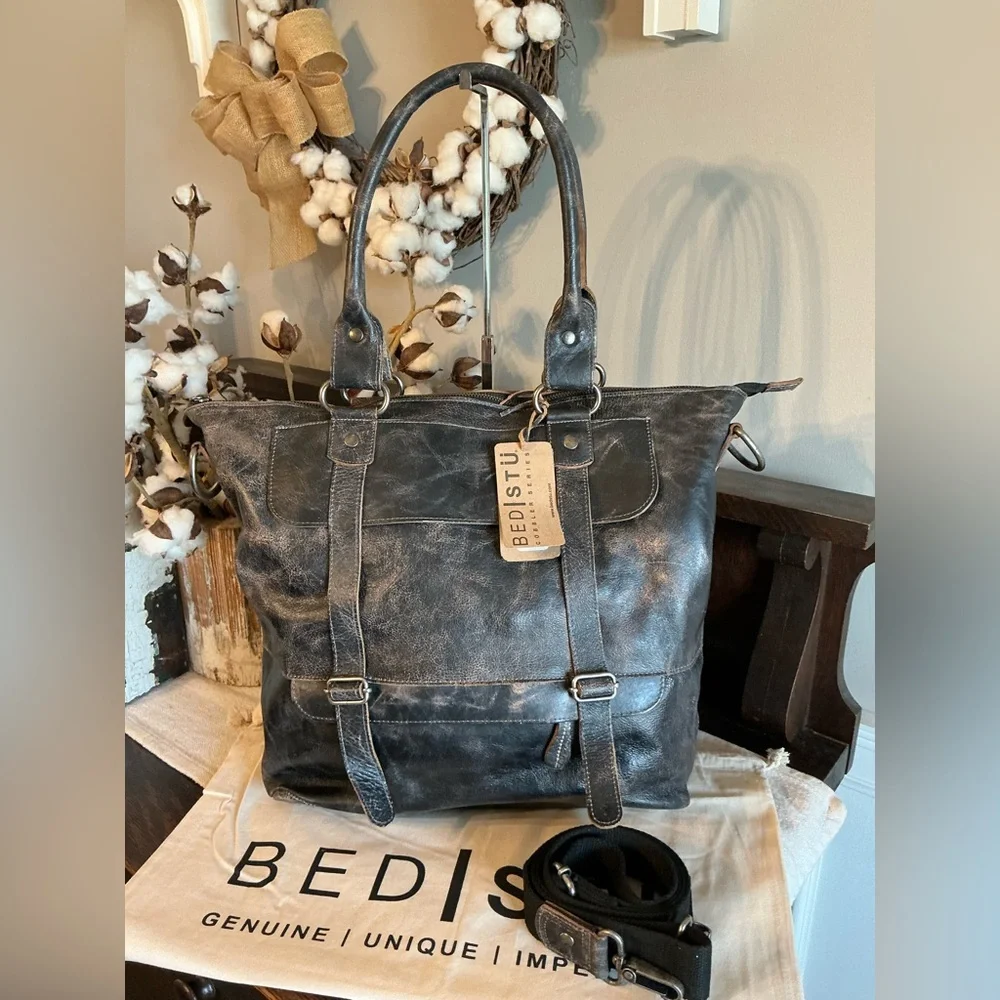 NWT Bed Stu Leather Big Fork Crossbody Tote Shoulder Bag Black Lux MSRP $365 - Picture 10 of 12